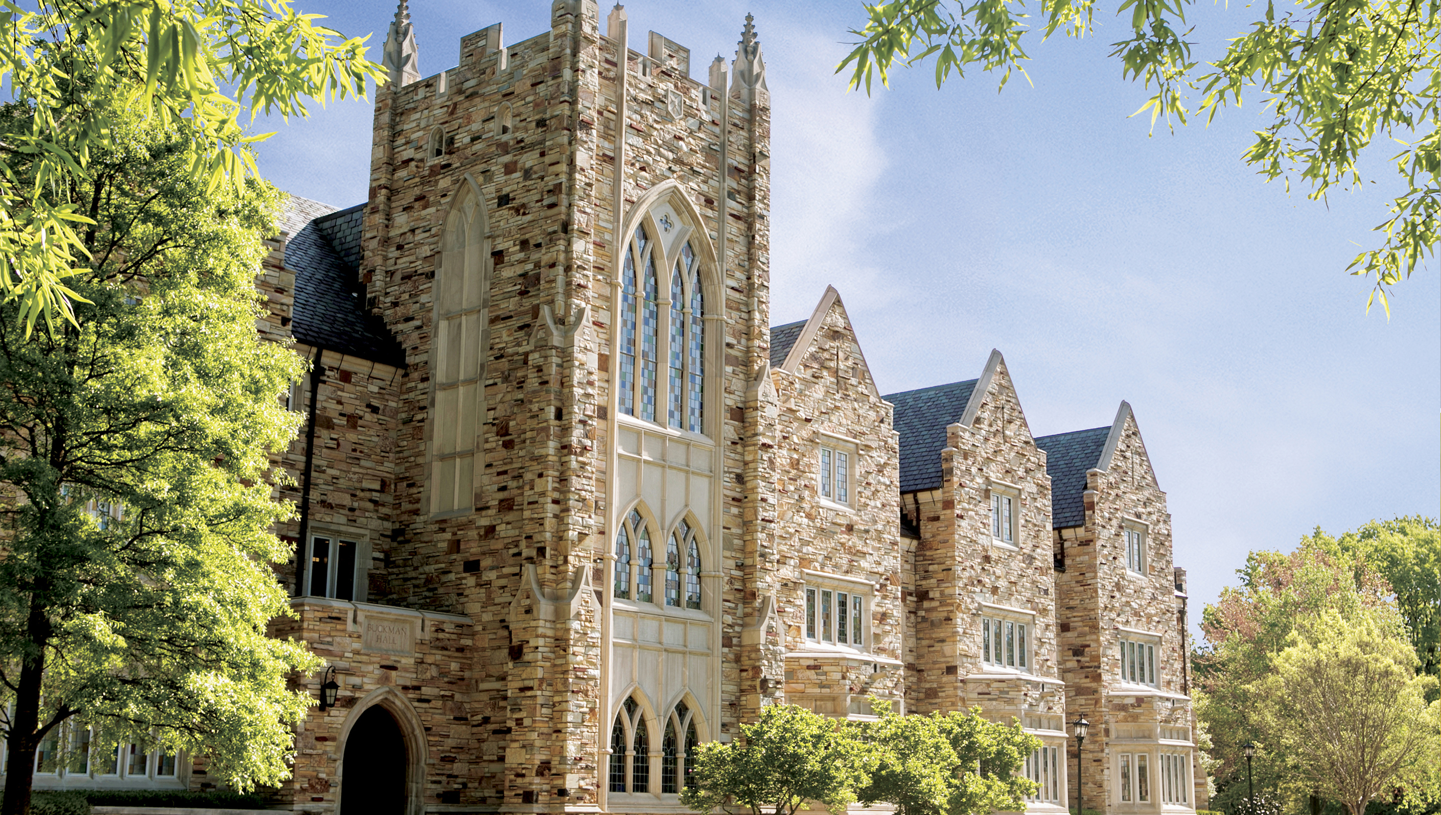 Buckman Hall, a large Gothic stone building