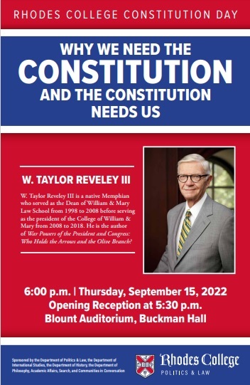 image of Rhodes College's Constitution Day Poster with photo of speaker