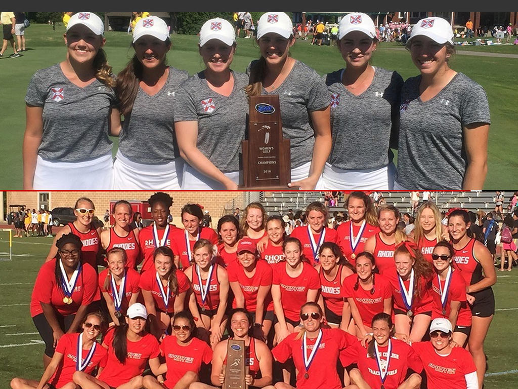 a photo collage of the the women's golf team and the women's track and field team