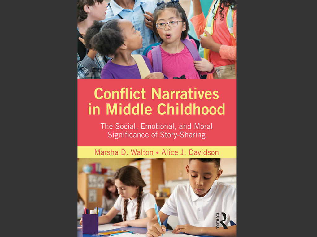 the "Conflict Narratives" book cover with images of children and psychologists