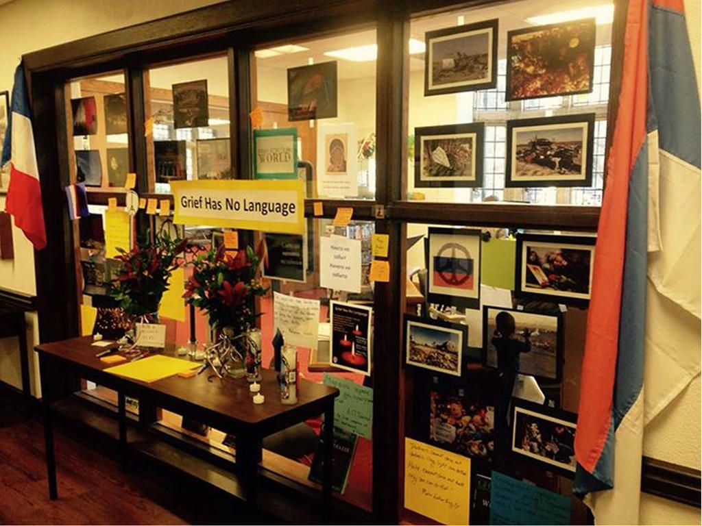 a display of the modern language department's "grief has no language" sign/exhibit