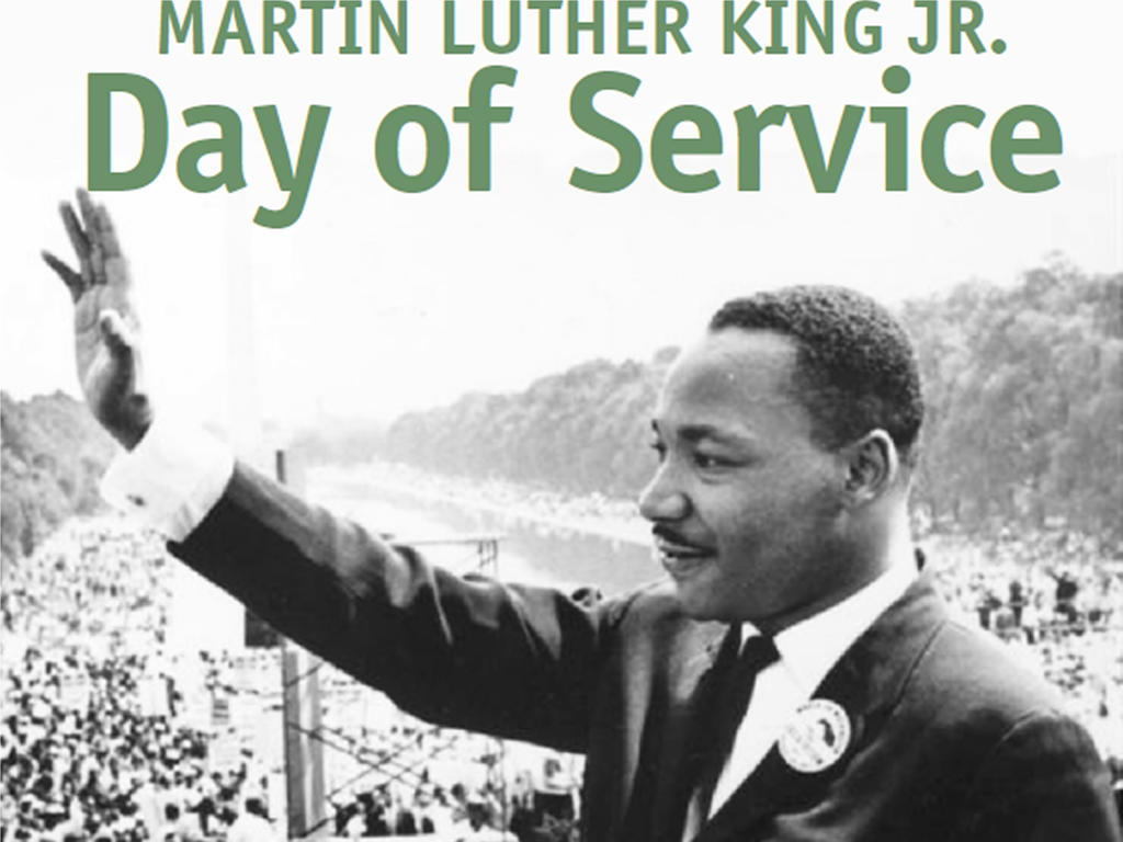 an image of Martin Luther King giving a speech with green text over the image that says "Martin Luther King, Jr. Day of Service"