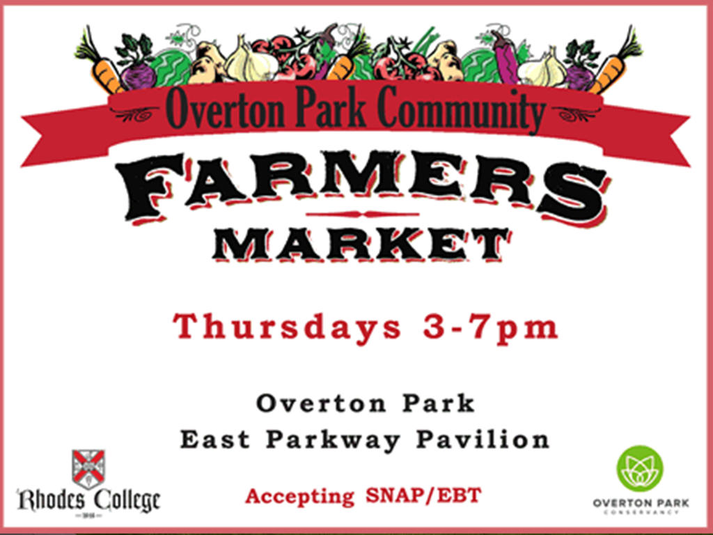 A flyer for the farmer's market with the Rhodes College and Overton Park logos