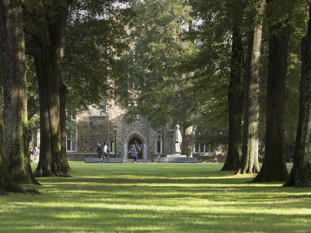 college students walking in front of a Gothic campus building among a row of oak trees