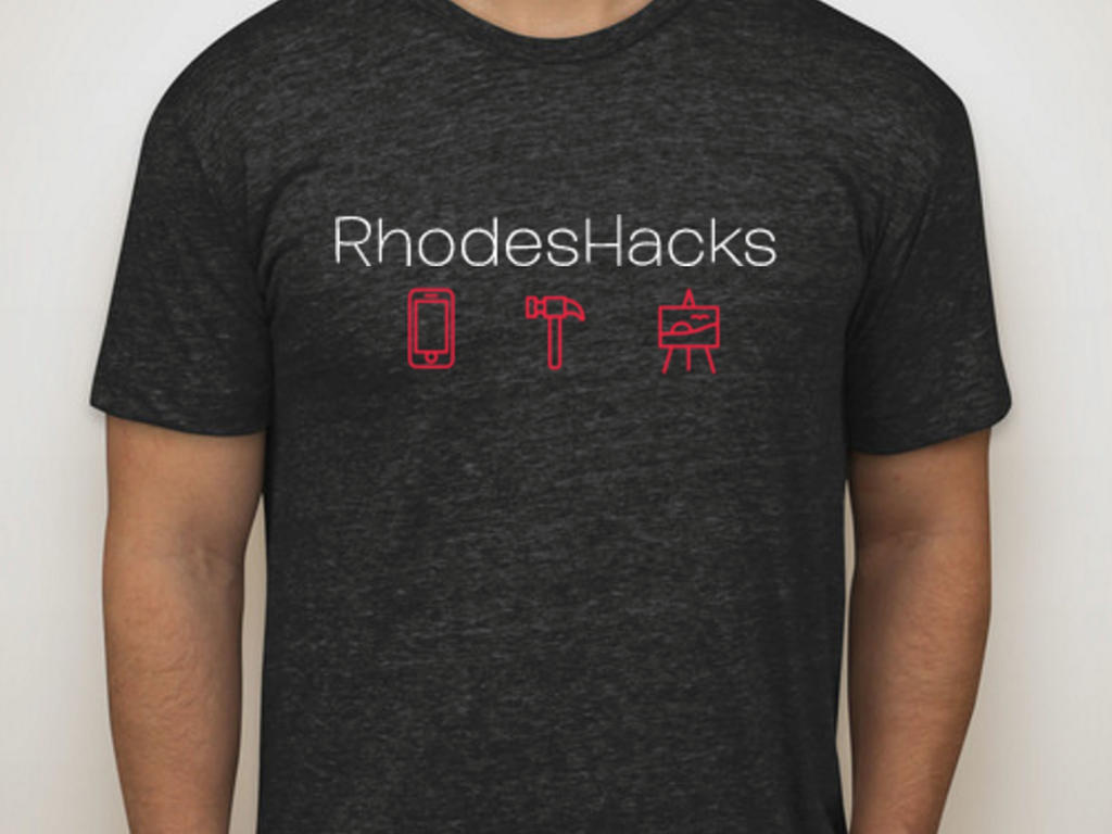 image of a male wearing a "Rhodes Hacks" gray t-shirt 