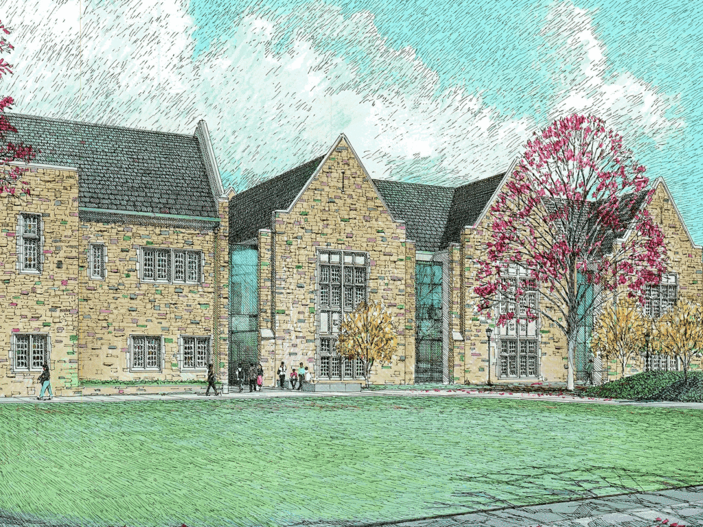 rendering of a Collegiate Gothic campus building