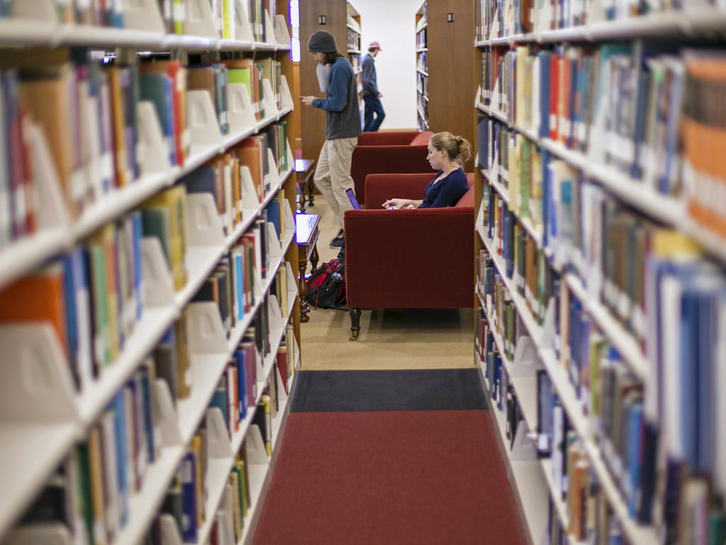 Shelves of books outline the narrow line of sight until your focus is taken to a female student sitting in a red chair, studying and reading