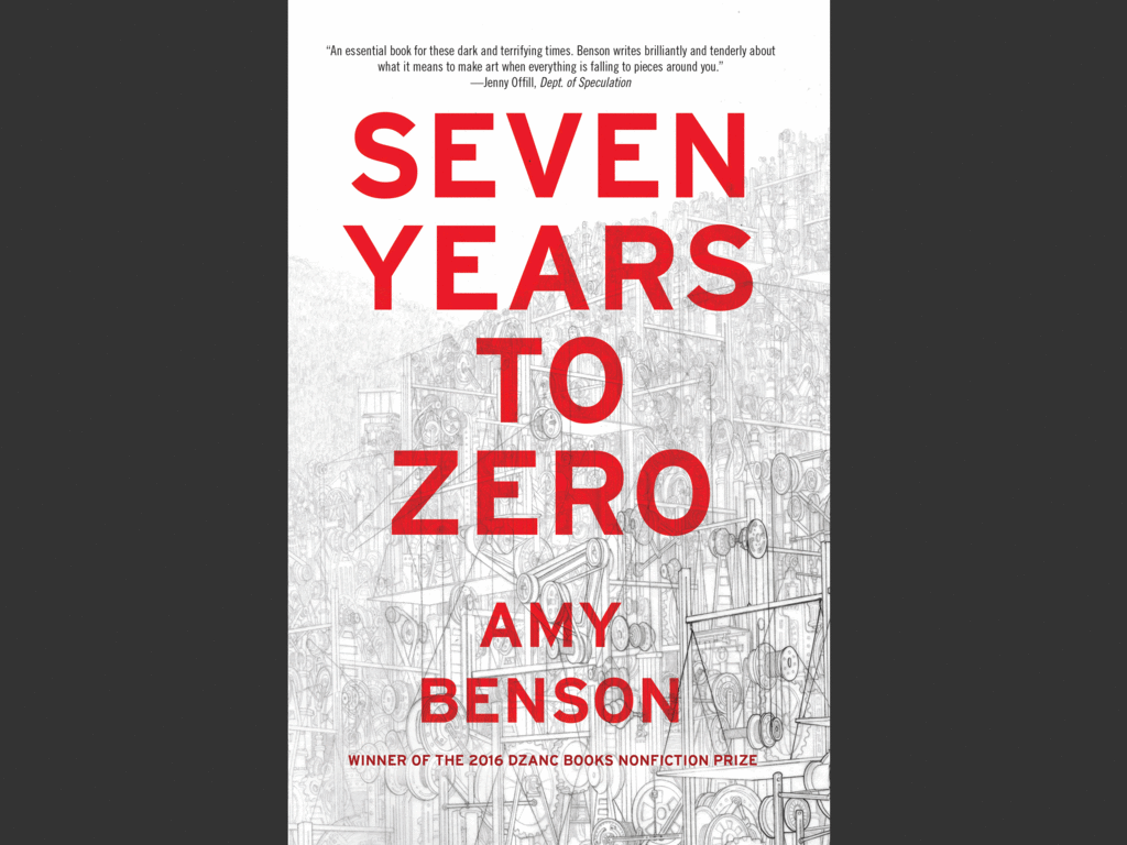 a grey book cover with red text overlay that says "Seven Years to Zero by Amy Benson"