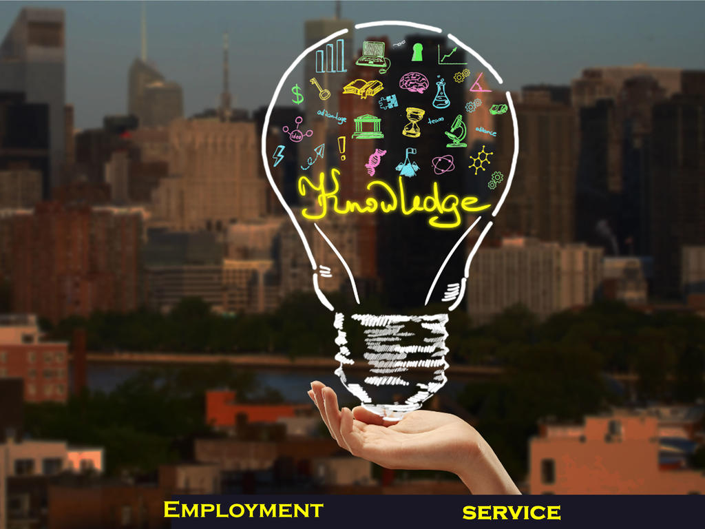 a graphic of a lightbulb that says "knowledge" imposed over a cityscape