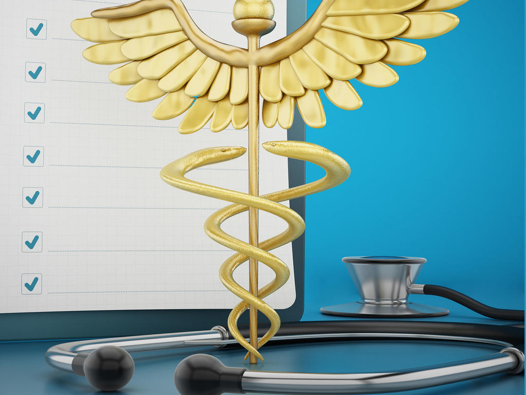the medical symbol coming out of a stethoscope with a cartoon checklist behind it