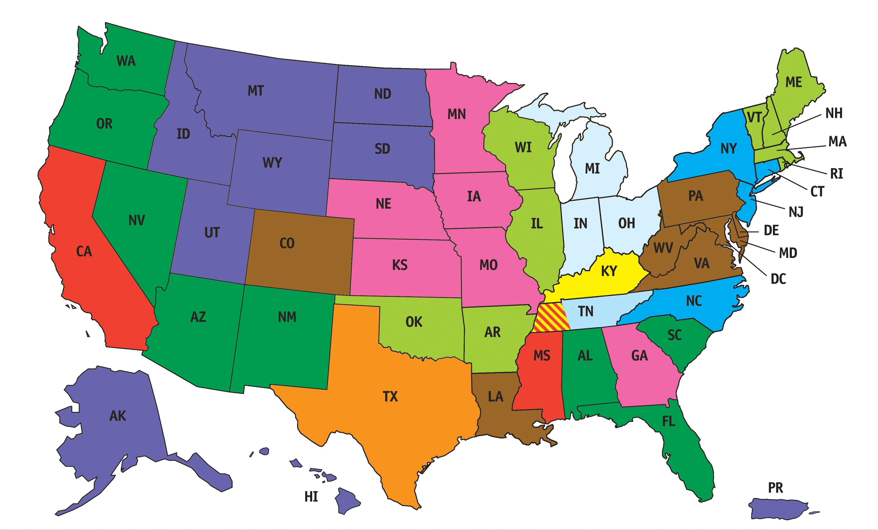 A colored map of the united states.