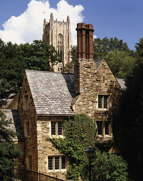 A stone building surrounded by trees with a tower off in the distance.