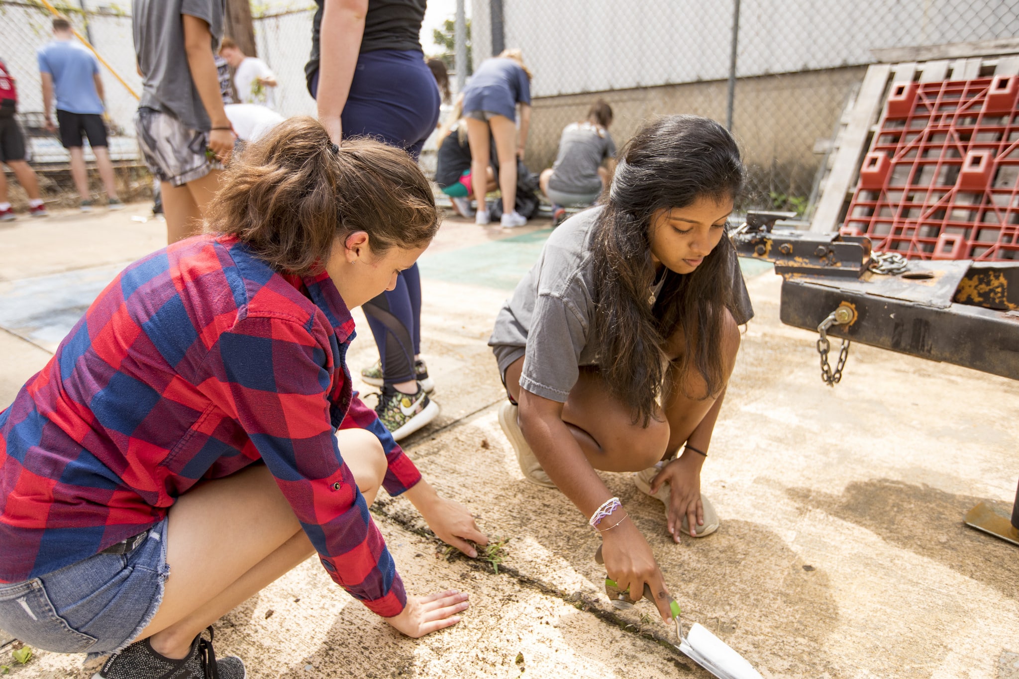Two women crouch down by the ground with spades, cleaning weeds from the grooves of the pavement 