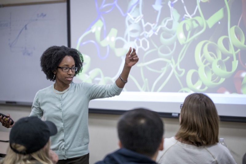 A professor pointing at a whiteboard behind her.