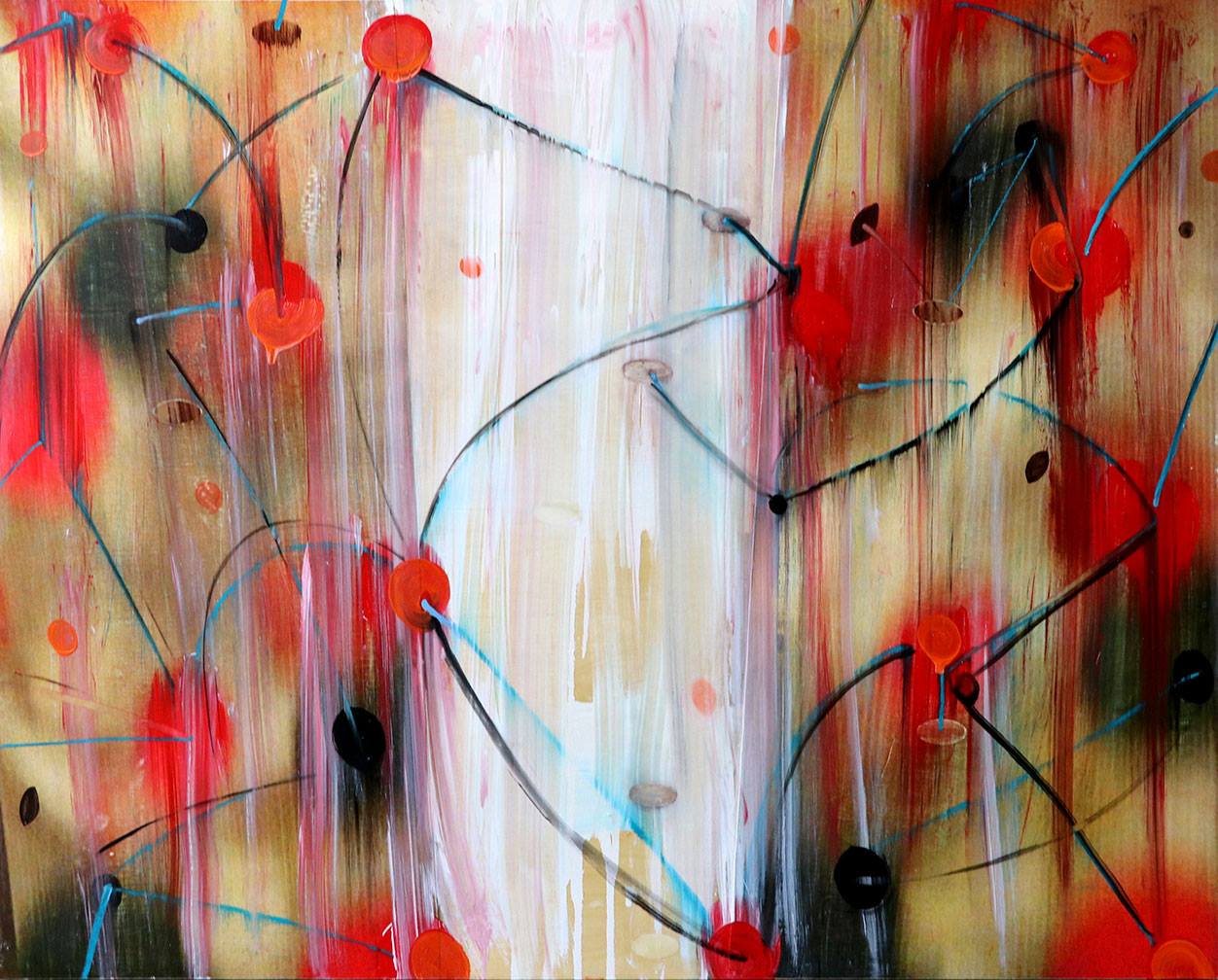 an abstract painting featuring red, white and black