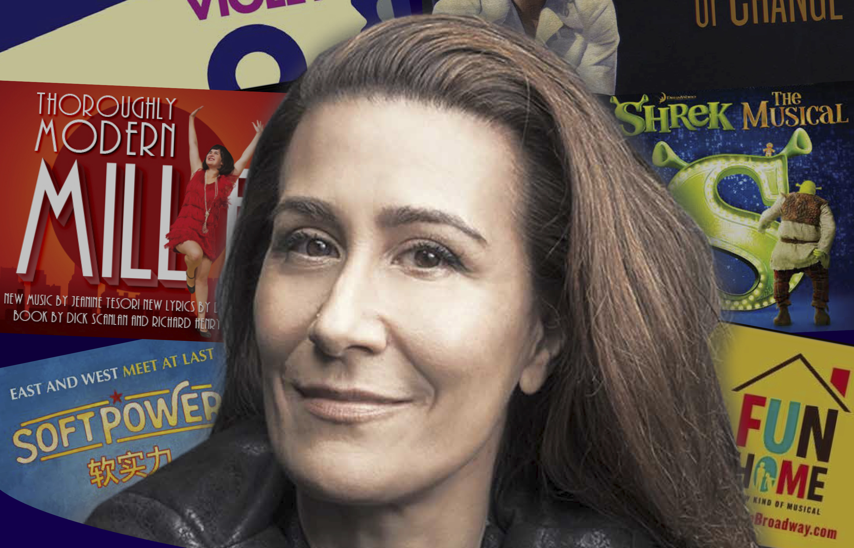a woman's face superimposed over movie posters