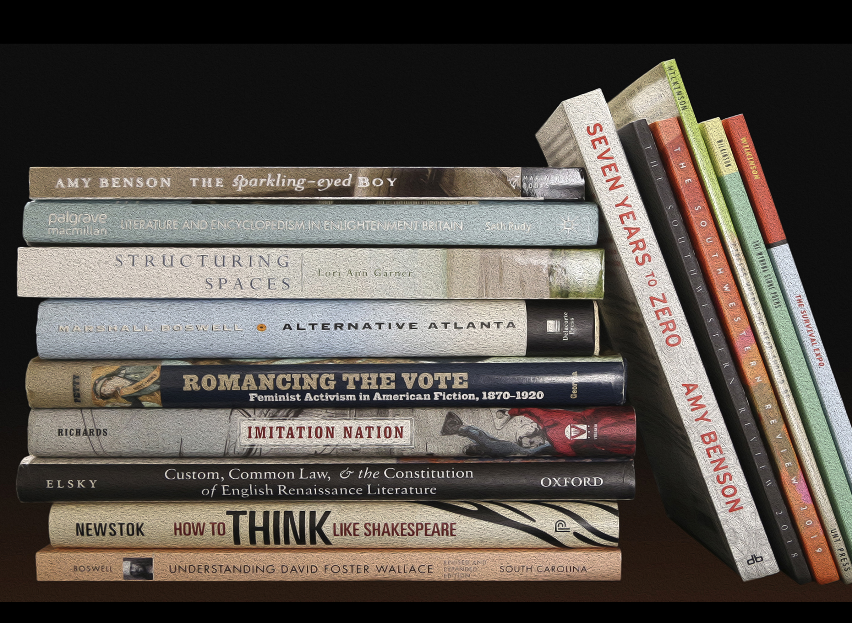 a stack of books authored by English department faculty at Rhodes College