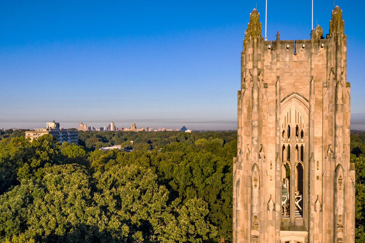 An aerial view of the Memphis skyline beyond Halliburton Tower