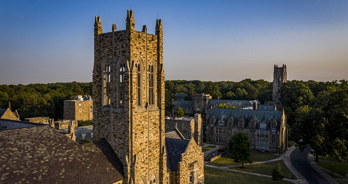 The Tower of Barrett Library at sunset.