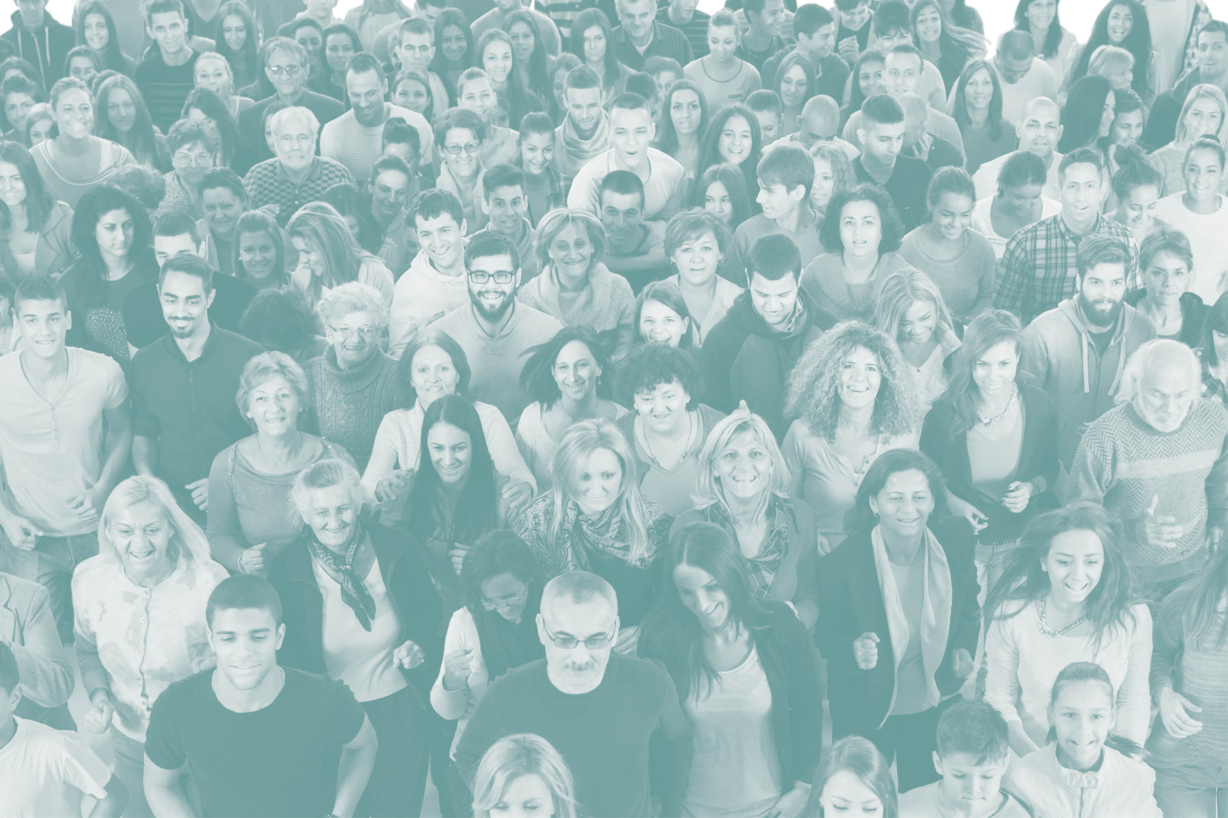 a crowd of people look up at the viewer