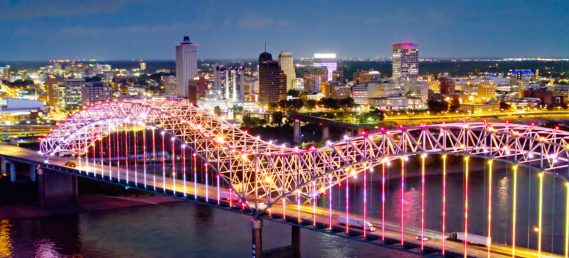 a shot of the Memphis skyline and bridge