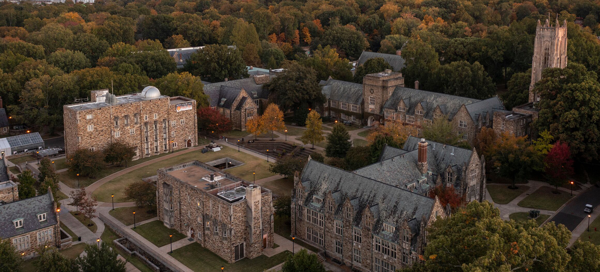 an aerial view of a college campus with stone Gothic buildings