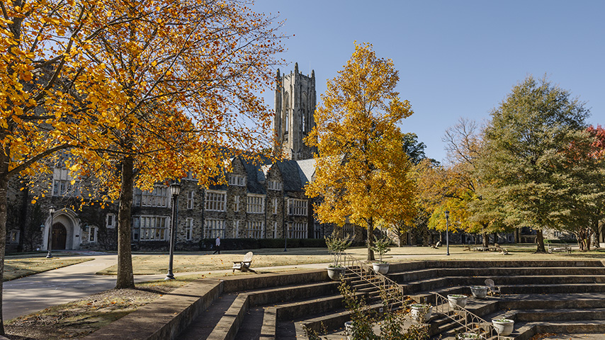 a campus with stone Gothic buildings