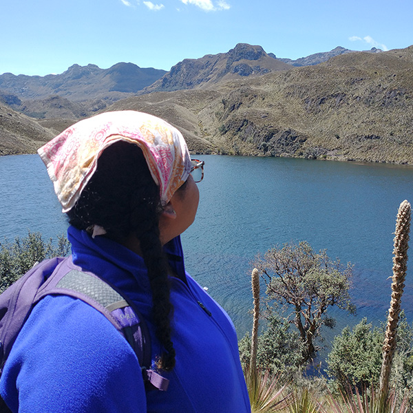 a young woman looks out over a lake surrounded by mountains