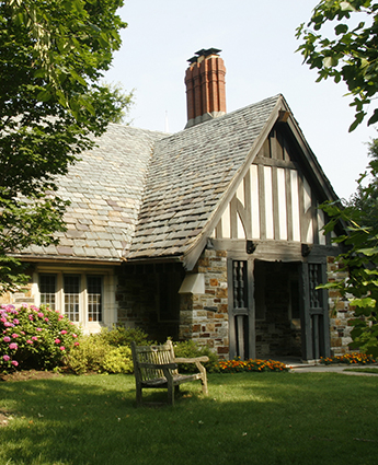 A building in the particular style of Rhodes' campus design.