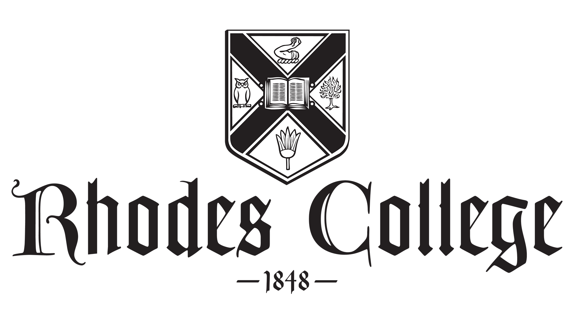 a shield with the words Rhodes College below it