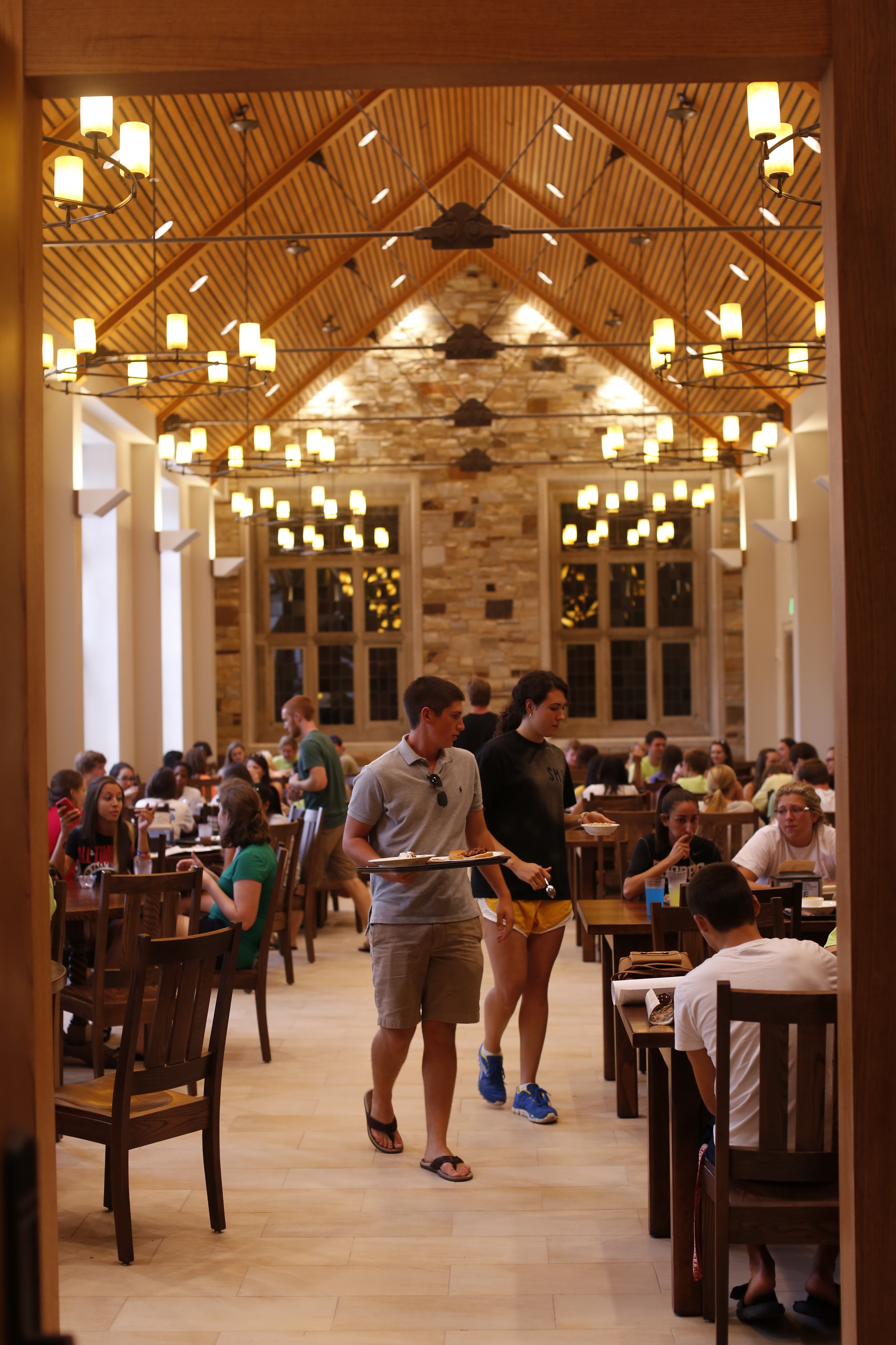 students in a large dining hall