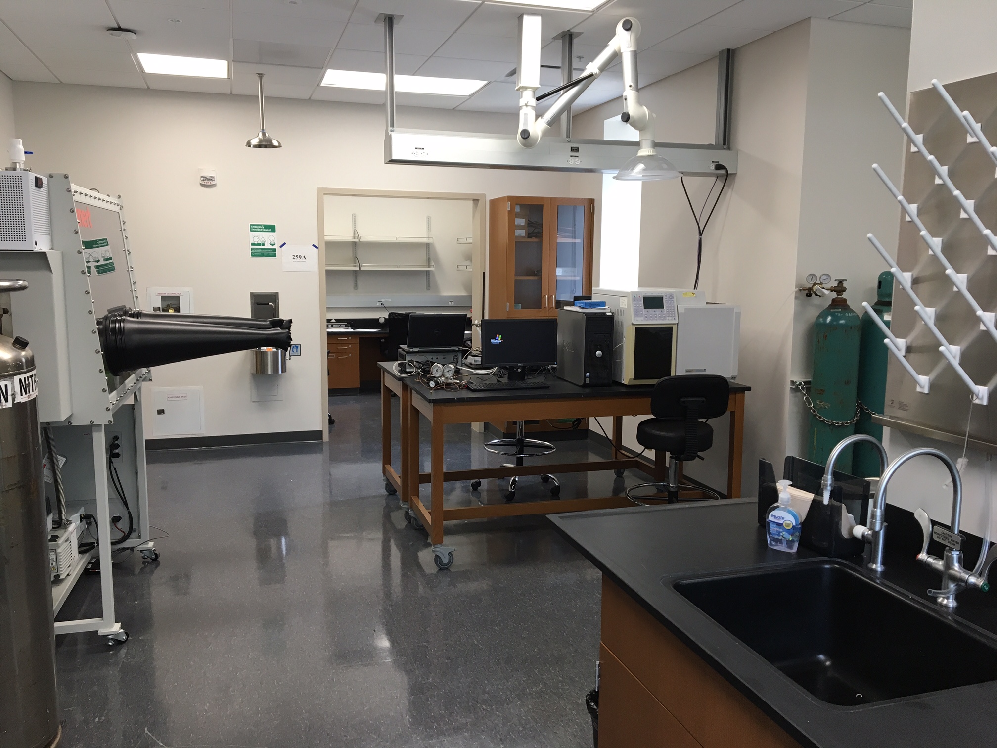 a modern lab space with granite countertops