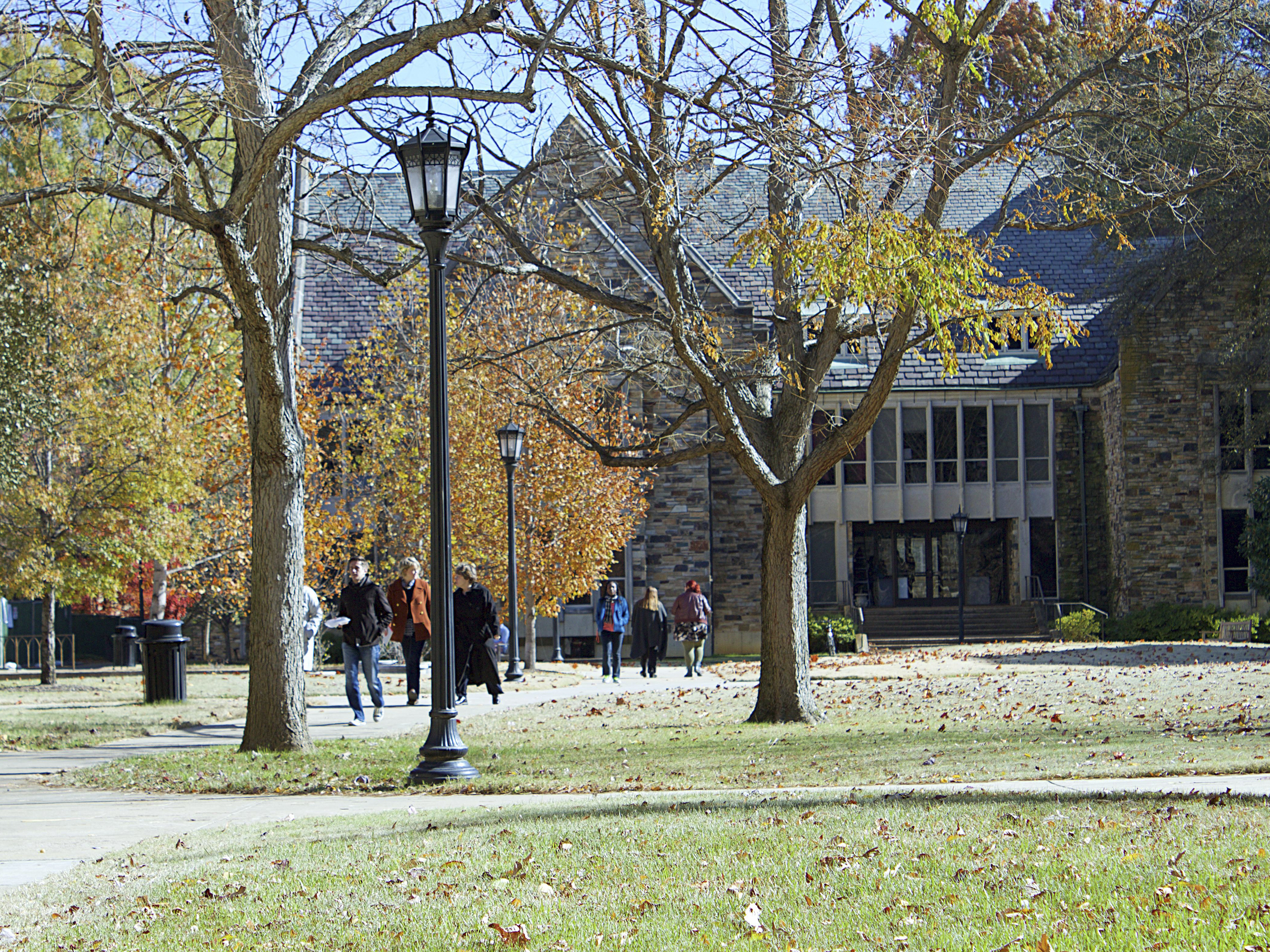 An exterior shot of Clough Hall in autumn 