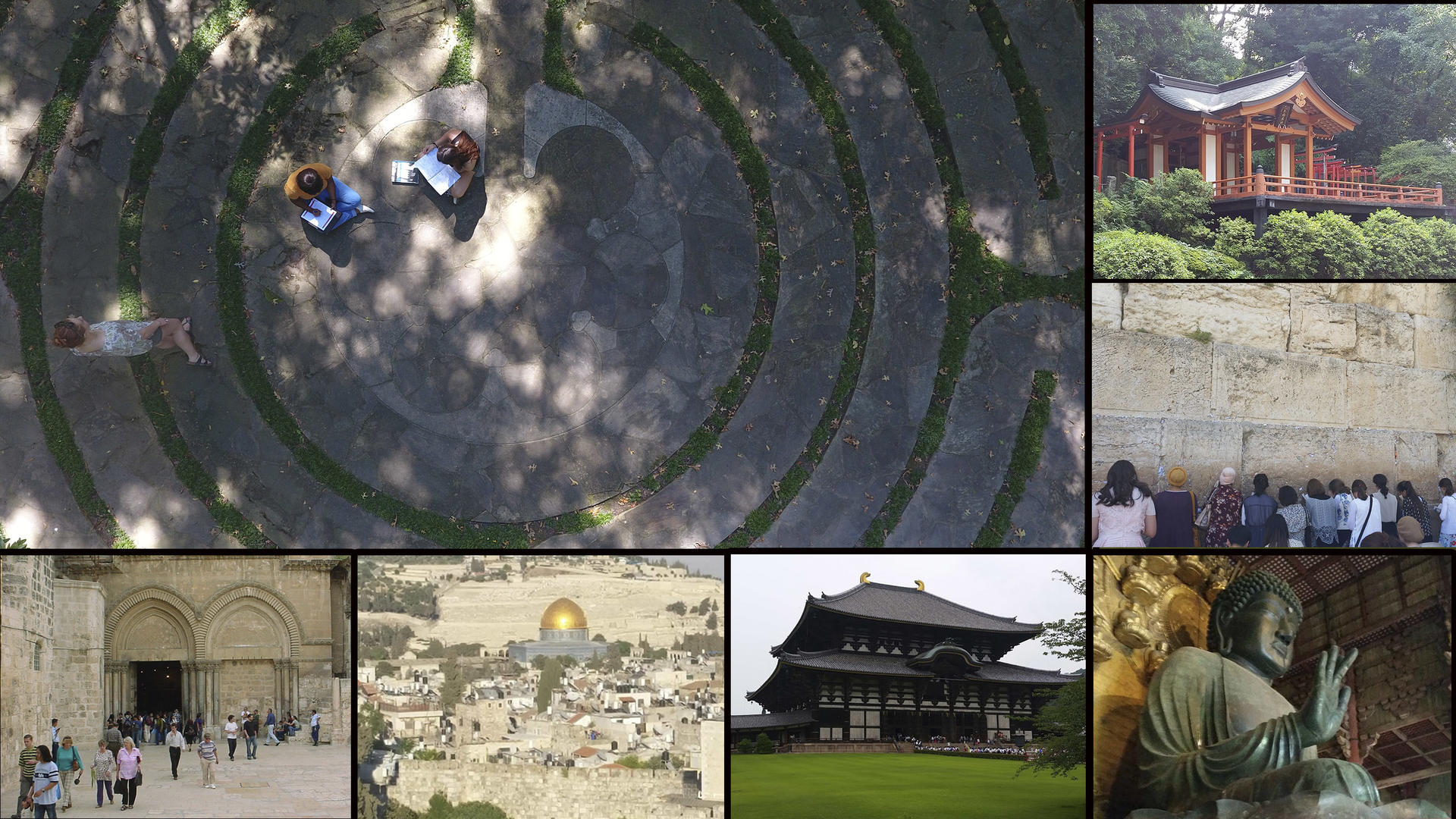 A collage of religious monuments around the world