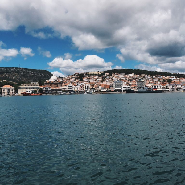 Water with a city in the background