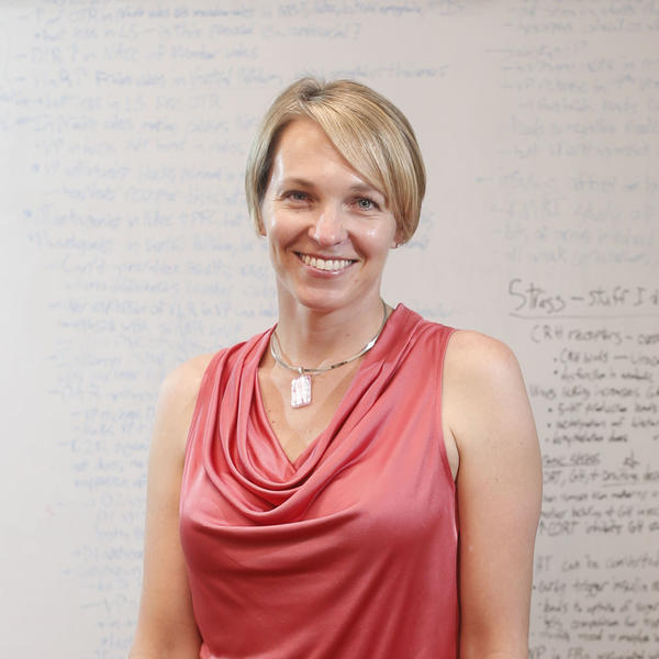 A professor stands before her whiteboard.