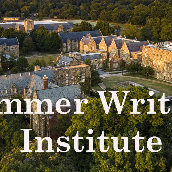 an aerial view of a Gothic campus with the words Summer Writing Institute 