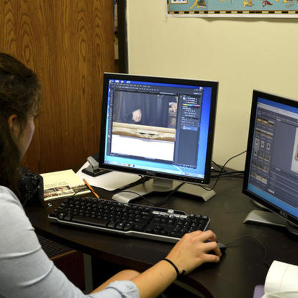 A dark haired young woman works at a computer sorting images.