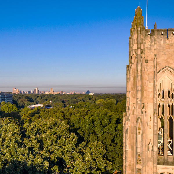 An aerial view of the Memphis skyline beyond Halliburton Tower