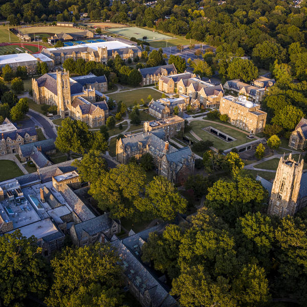 aerial view of a Collegiate Gothic campus