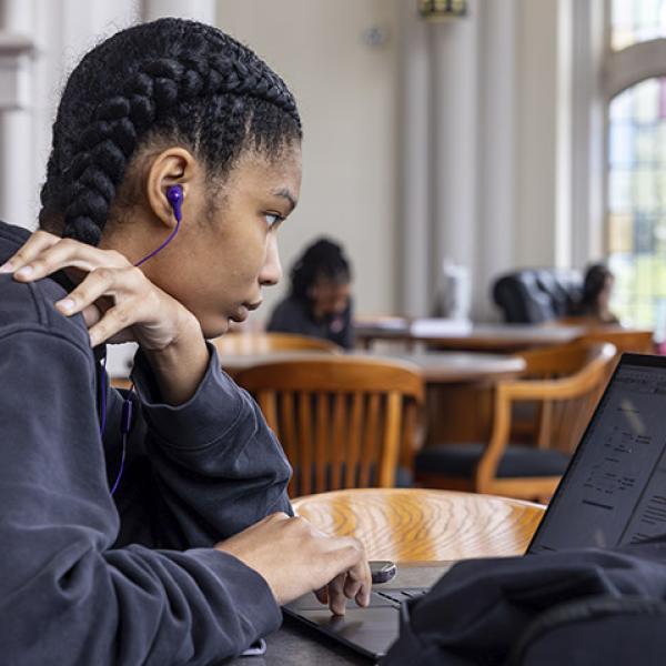 a student looks ata laptop
