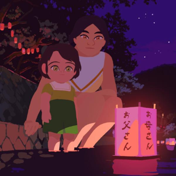 an animated drawing of a mother and child