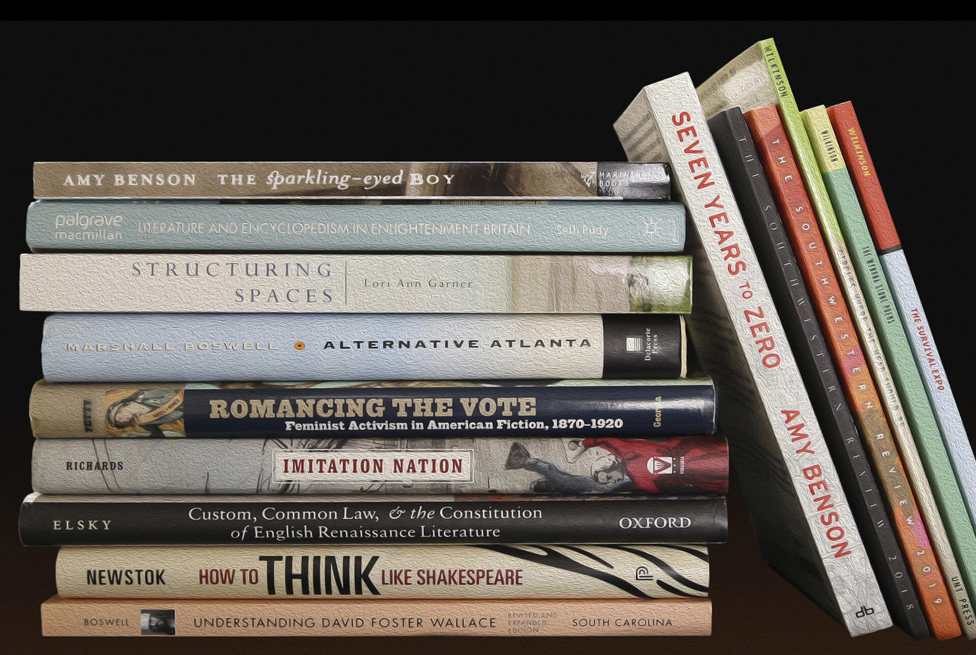 a stack of books authored by English department faculty at Rhodes College
