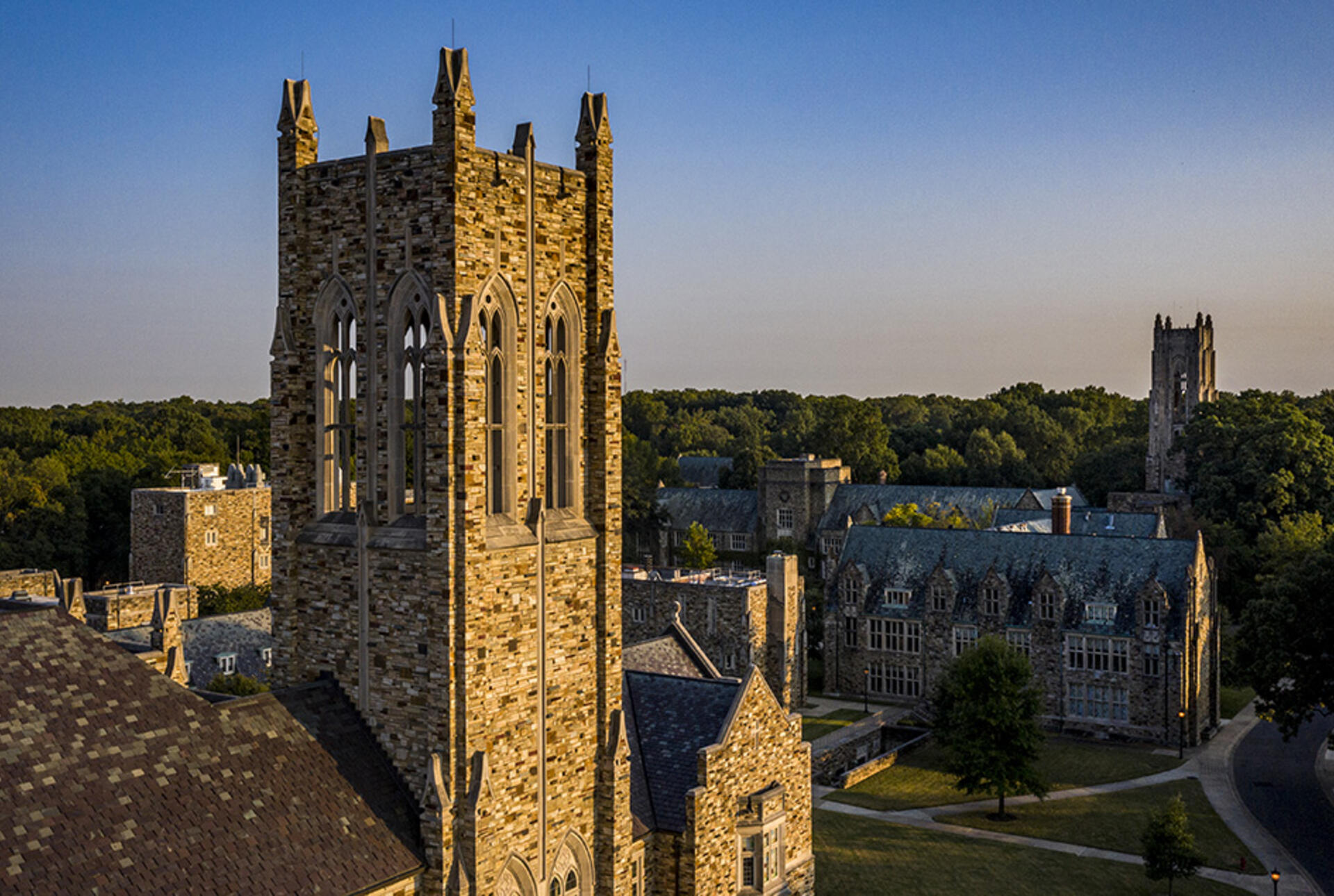 The Tower of Barrett Library at sunset.