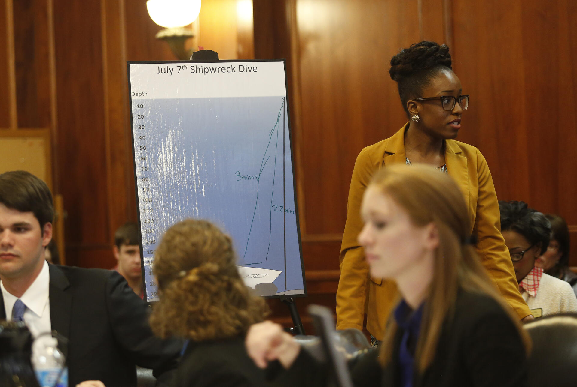 Students in suits sit and stand around an exhibit poster