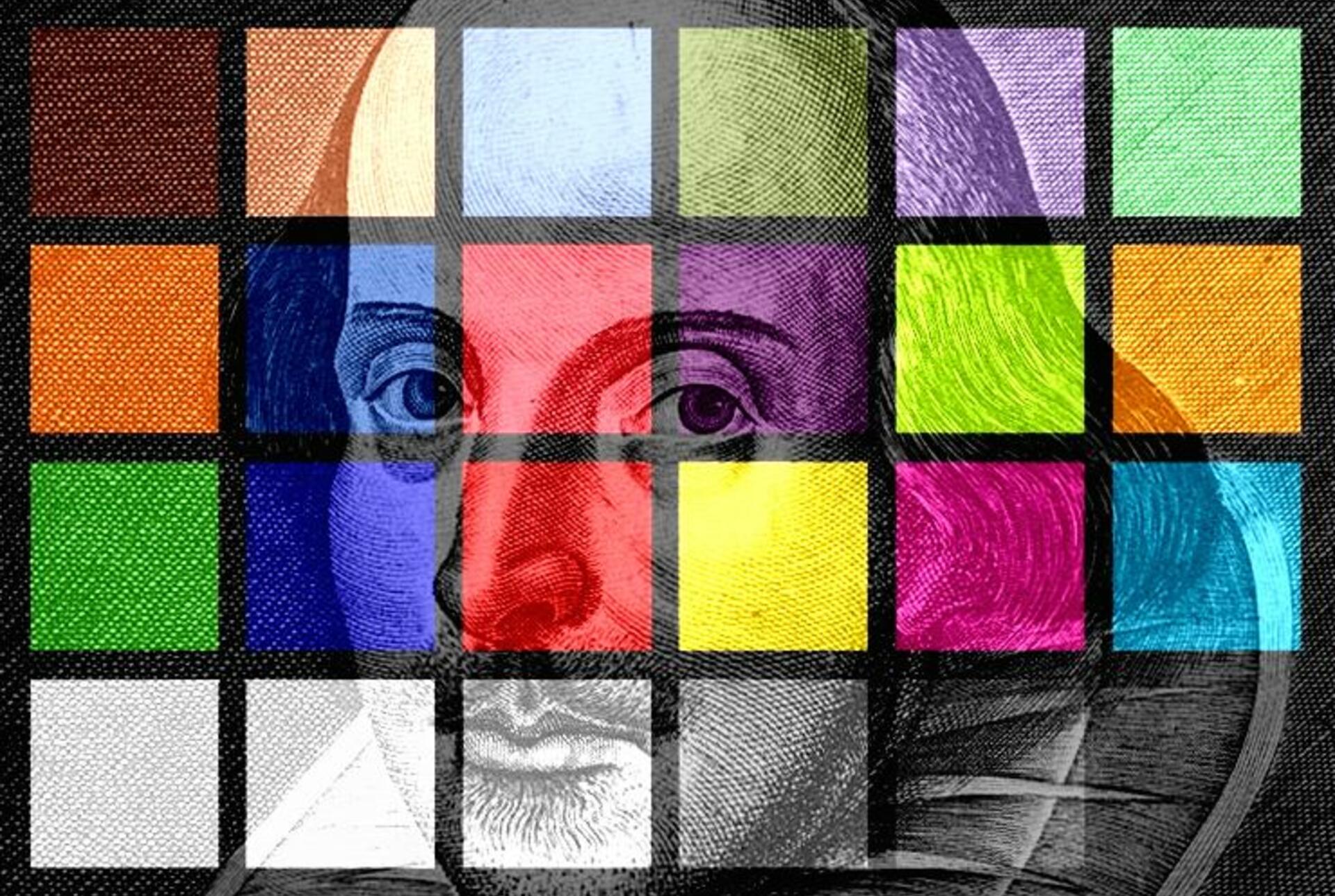 a colorful mosaic design over a picture of william shakespeare