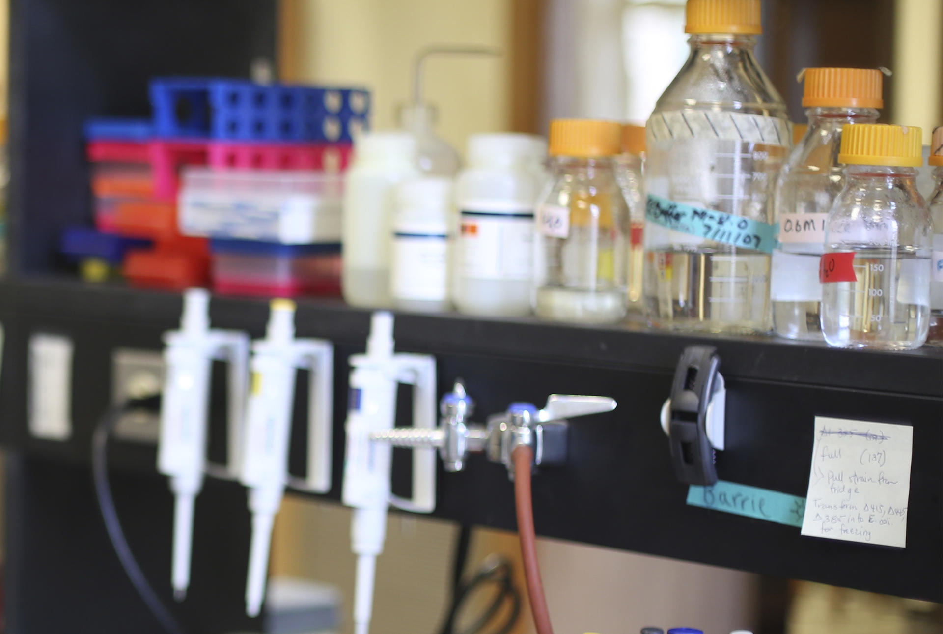 a shelf of chemical containers.