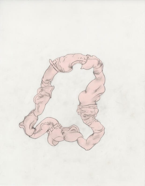 a drawing of male and female torsos linked together like a Mobius strip