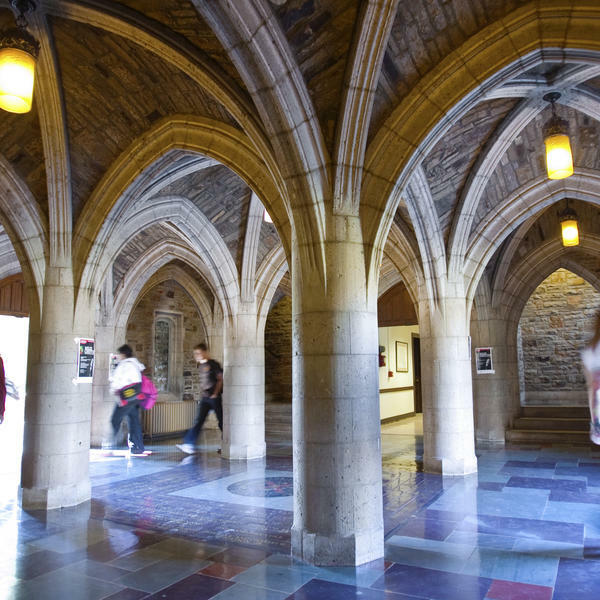 a Gothic cloister with stone archways