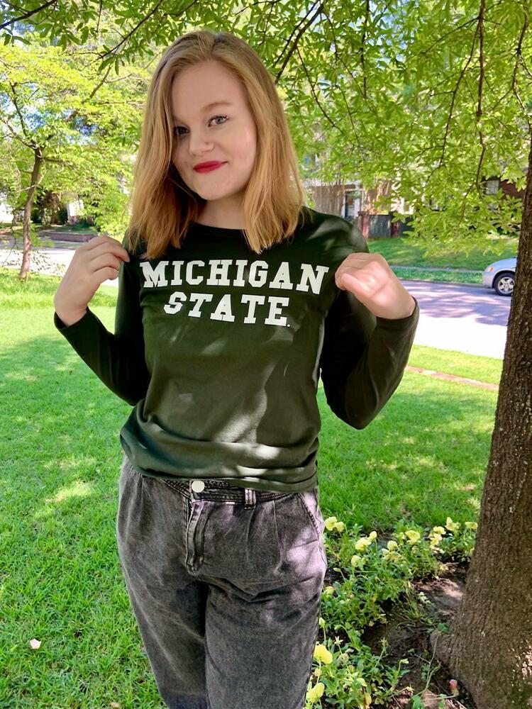 Emily Burkhead, '20, wearing Michigan State t-shirt